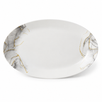 Set veselă opal 32 piese marmură alb-gri cu accente aurii, 6 persoane, farfurii întinse, adânci, desert, cești cafea, salatieră și platou