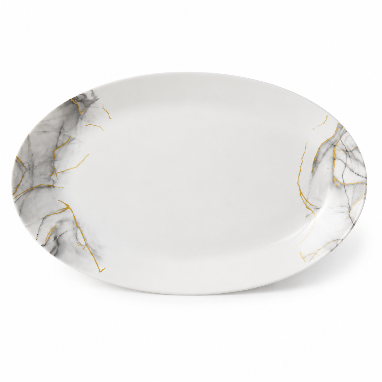 Set veselă opal 32 piese marmură alb-gri cu accente aurii, 6 persoane, farfurii întinse, adânci, desert, cești cafea, salatieră și platou