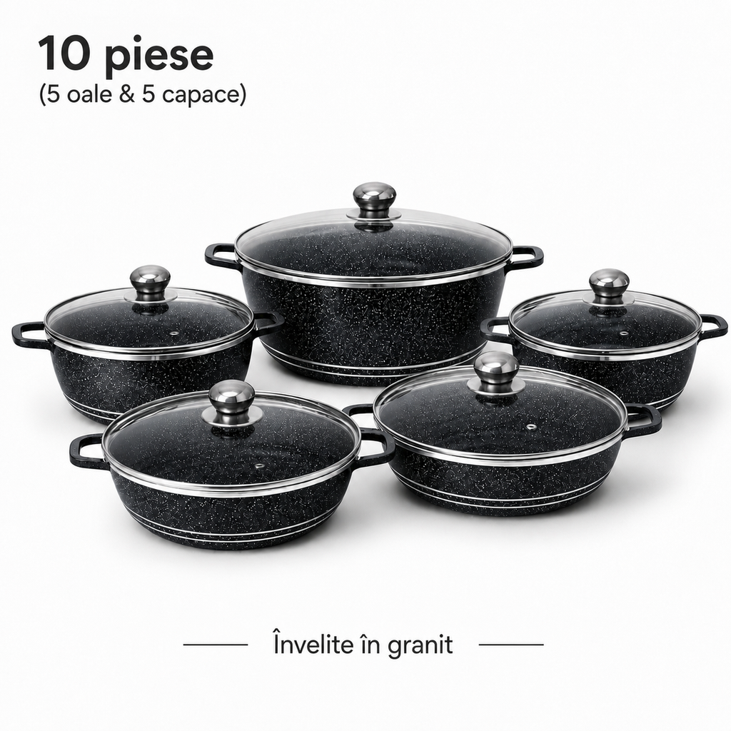 Set oale granit 10 piese, granit vase gatit antiaderent cu capac sticla, rezistente, 20–32 cm