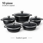 Set oale granit 10 piese, granit vase gatit antiaderent cu capac sticla, rezistente, 20–32 cm