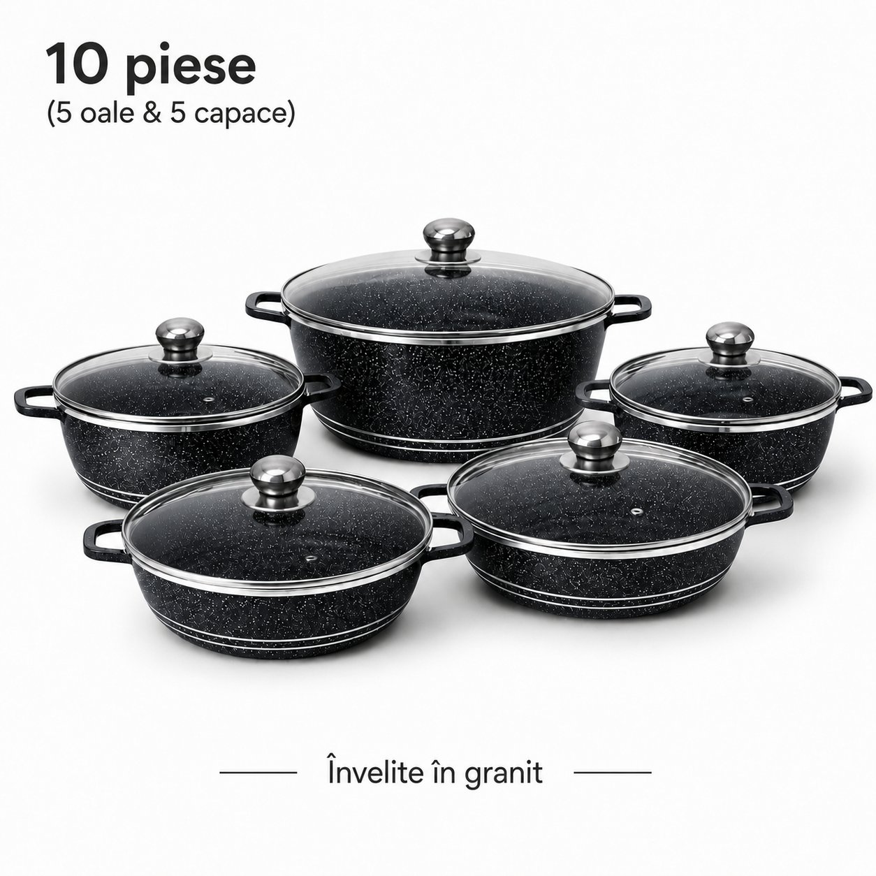 Set oale granit 10 piese, granit vase gatit antiaderent cu capac sticla, rezistente, 20–32 cm