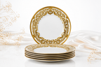 Set veselă ceramică 24 piese, farfurii masă și cești, alb cu model auriu luxury, pentru 6 persoane, design elegant premium