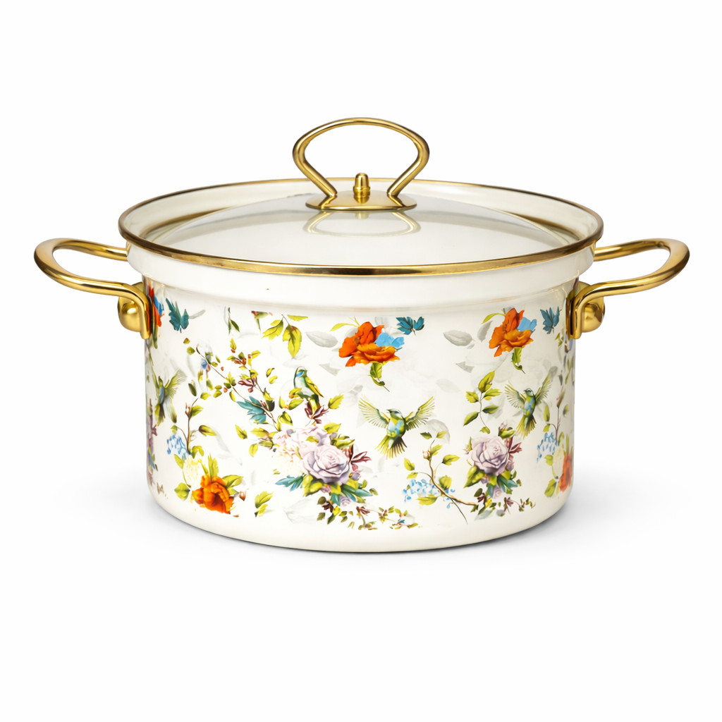 Set oale emailate 8 piese, vase gatit otel emailat, capace sticla termorezistente, model floral, 20/24/30 cm