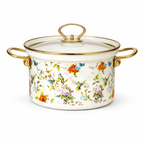Set oale emailate 8 piese, vase gatit otel emailat, capace sticla termorezistente, model floral, 20/24/30 cm