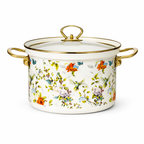 Set oale emailate 8 piese, vase gatit otel emailat, capace sticla termorezistente, model floral, 20/24/30 cm