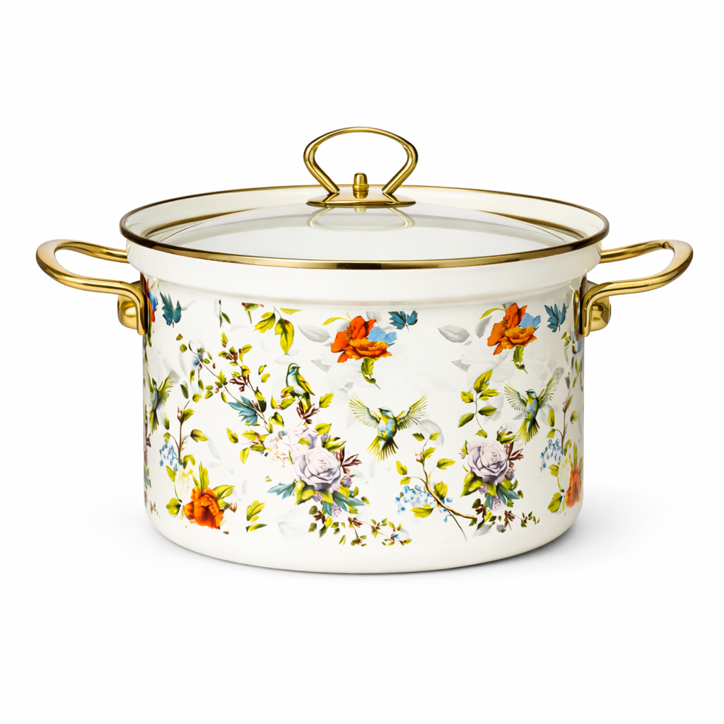 Set oale emailate 8 piese, vase gatit otel emailat, capace sticla termorezistente, model floral, 20/24/30 cm