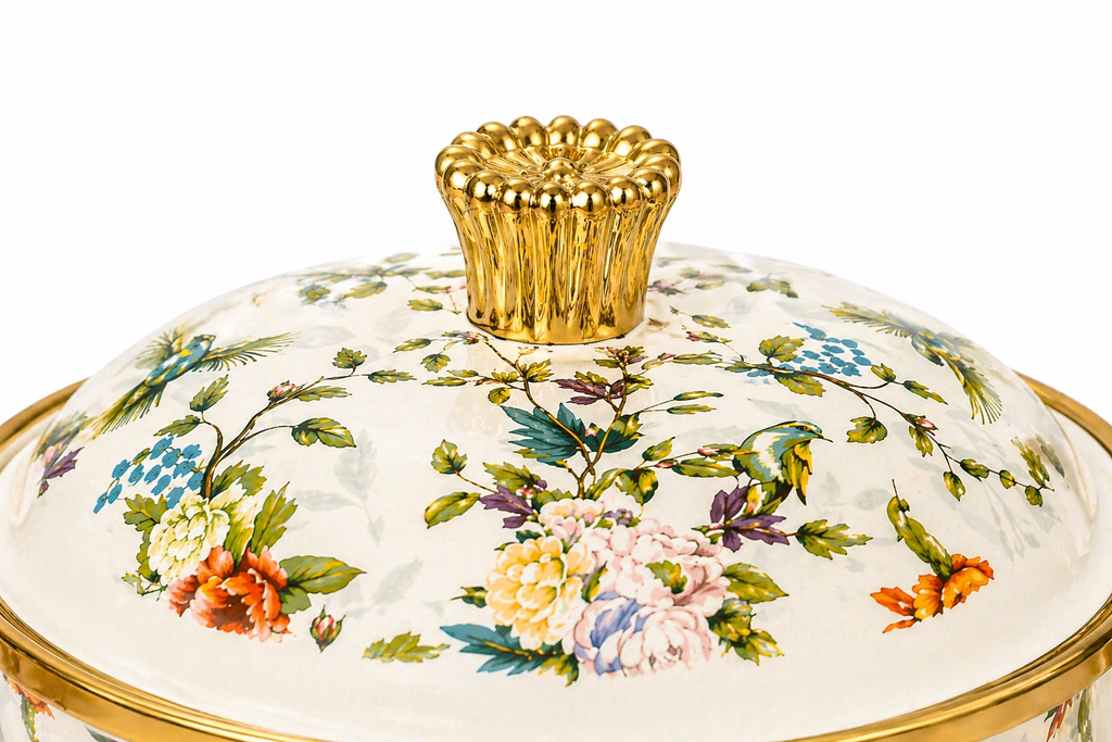 Cratiță emailată premium cu capac, model floral elegant, mâner auriu, 1.8L