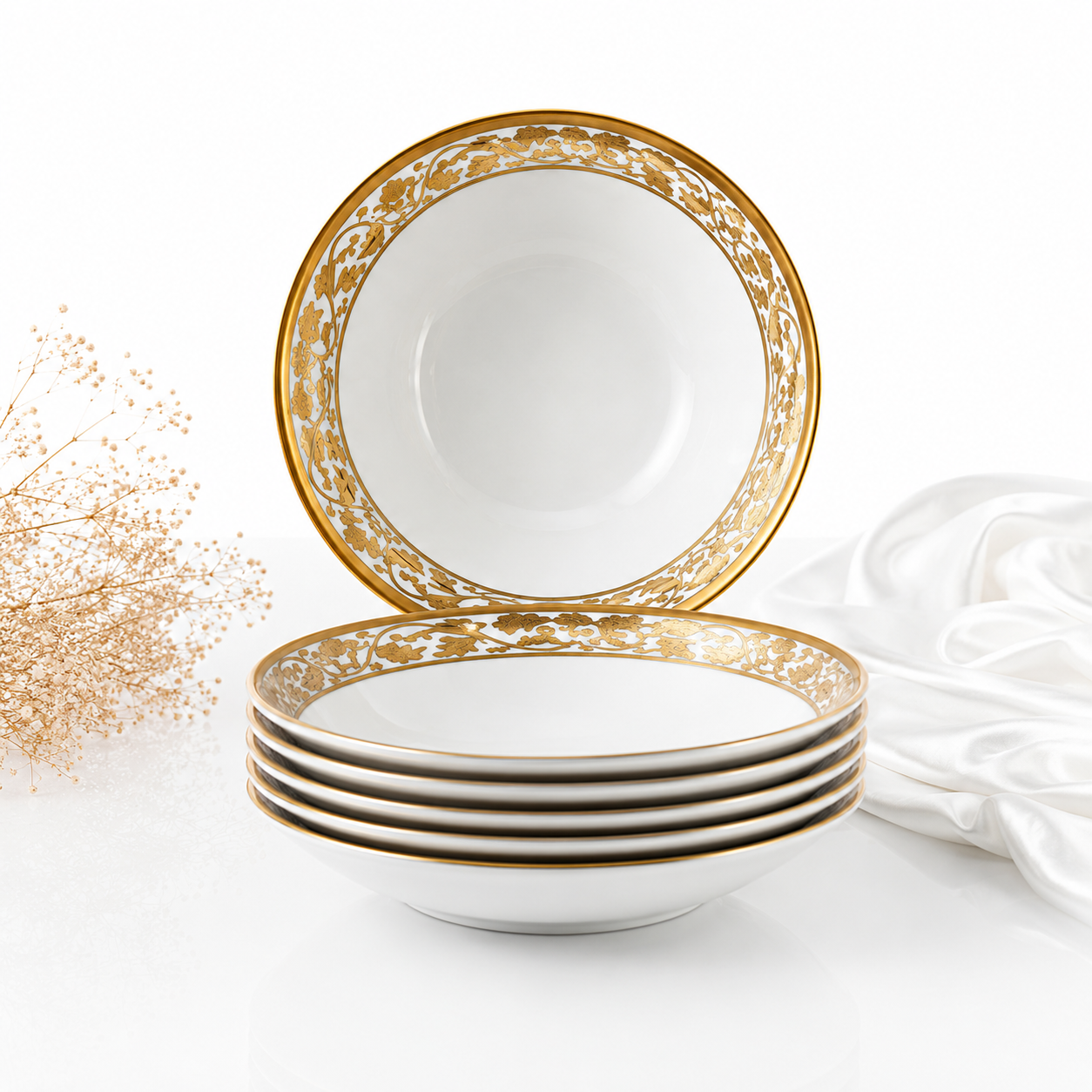 Set veselă ceramică 24 piese, farfurii masă și cești, alb cu model auriu luxury, pentru 6 persoane, design elegant premium