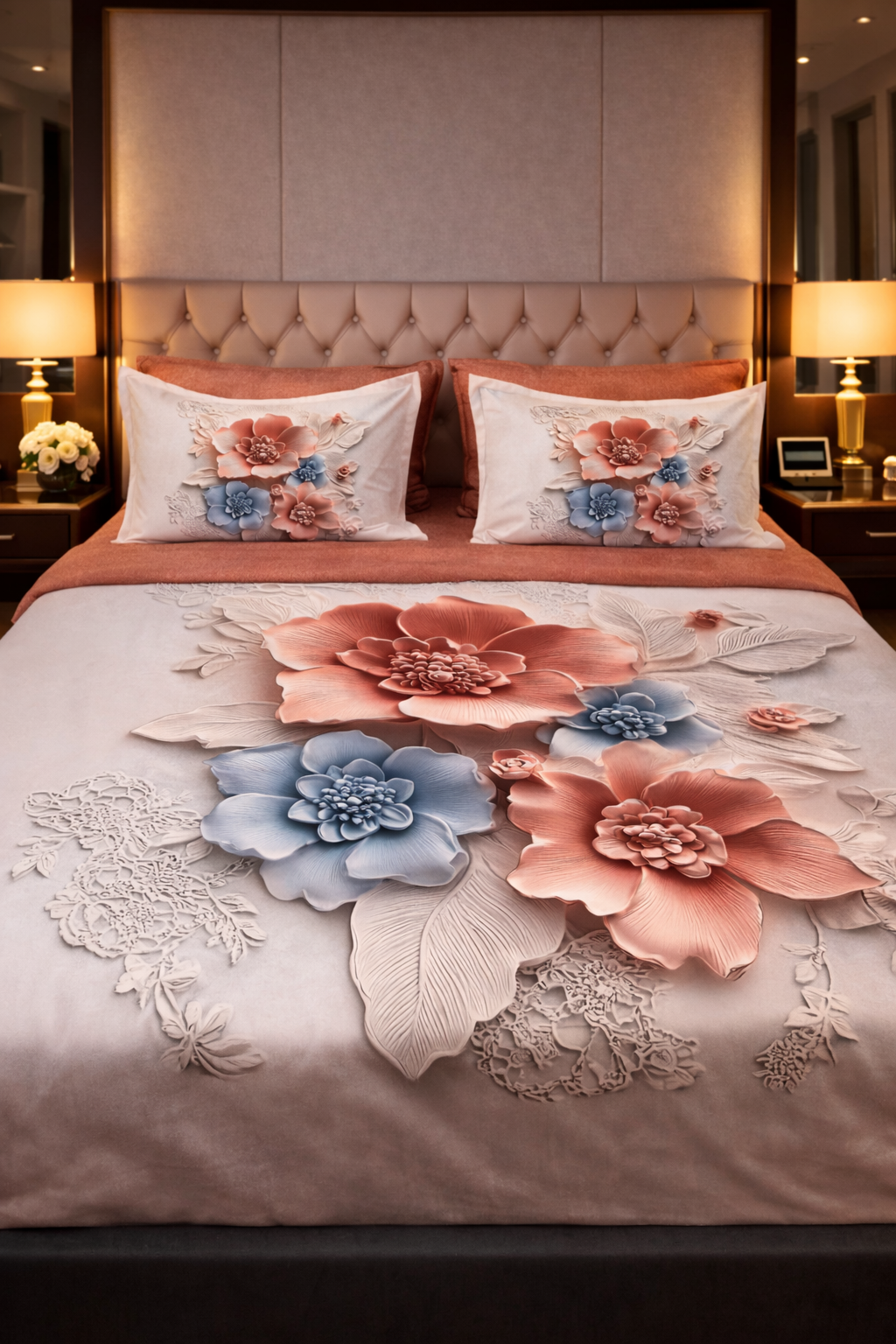 Lenjerie de pat bumbac finet, model Canvas Peony, 6 piese, set complet, material moale, confort premium