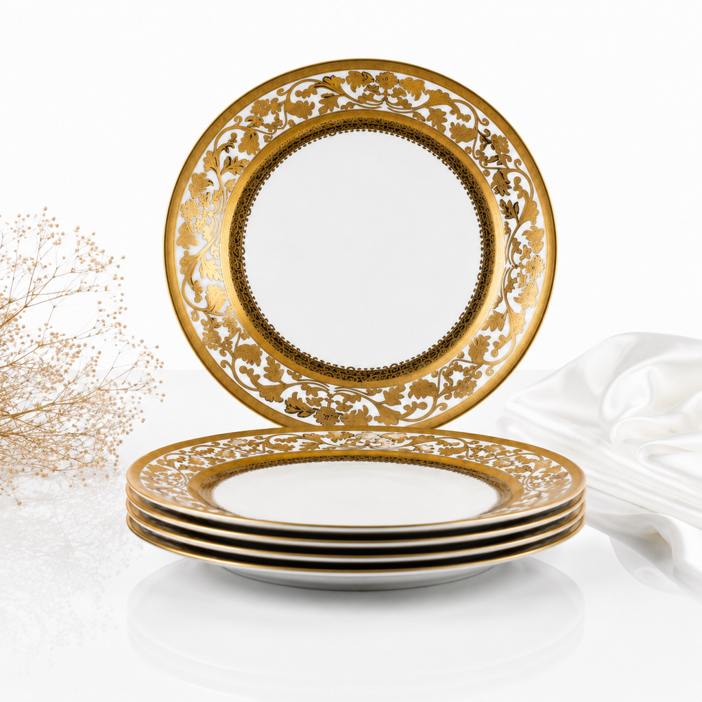 Set veselă ceramică 24 piese, farfurii masă și cești, alb cu model auriu luxury, pentru 6 persoane, design elegant premium