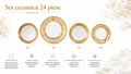 Set veselă ceramică 24 piese, farfurii masă și cești, alb cu model auriu luxury, pentru 6 persoane, design elegant premium