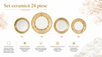Set veselă ceramică 24 piese, farfurii masă și cești, alb cu model auriu luxury, pentru 6 persoane, design elegant premium