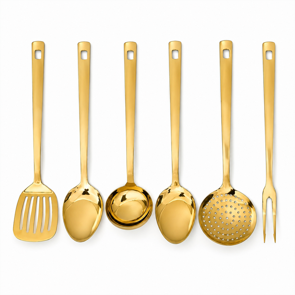 Set ustensile bucatarie inox auriu 6 piese, set ustensile gatit, inox alimentar, design elegant