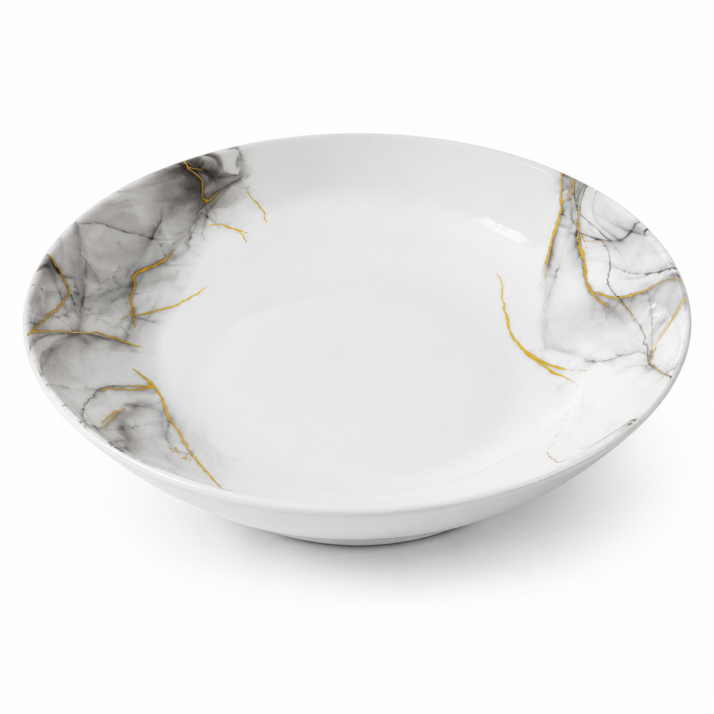 Set veselă opal 32 piese marmură alb-gri cu accente aurii, 6 persoane, farfurii întinse, adânci, desert, cești cafea, salatieră și platou