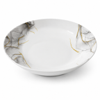 Set veselă opal 32 piese marmură alb-gri cu accente aurii, 6 persoane, farfurii întinse, adânci, desert, cești cafea, salatieră și platou