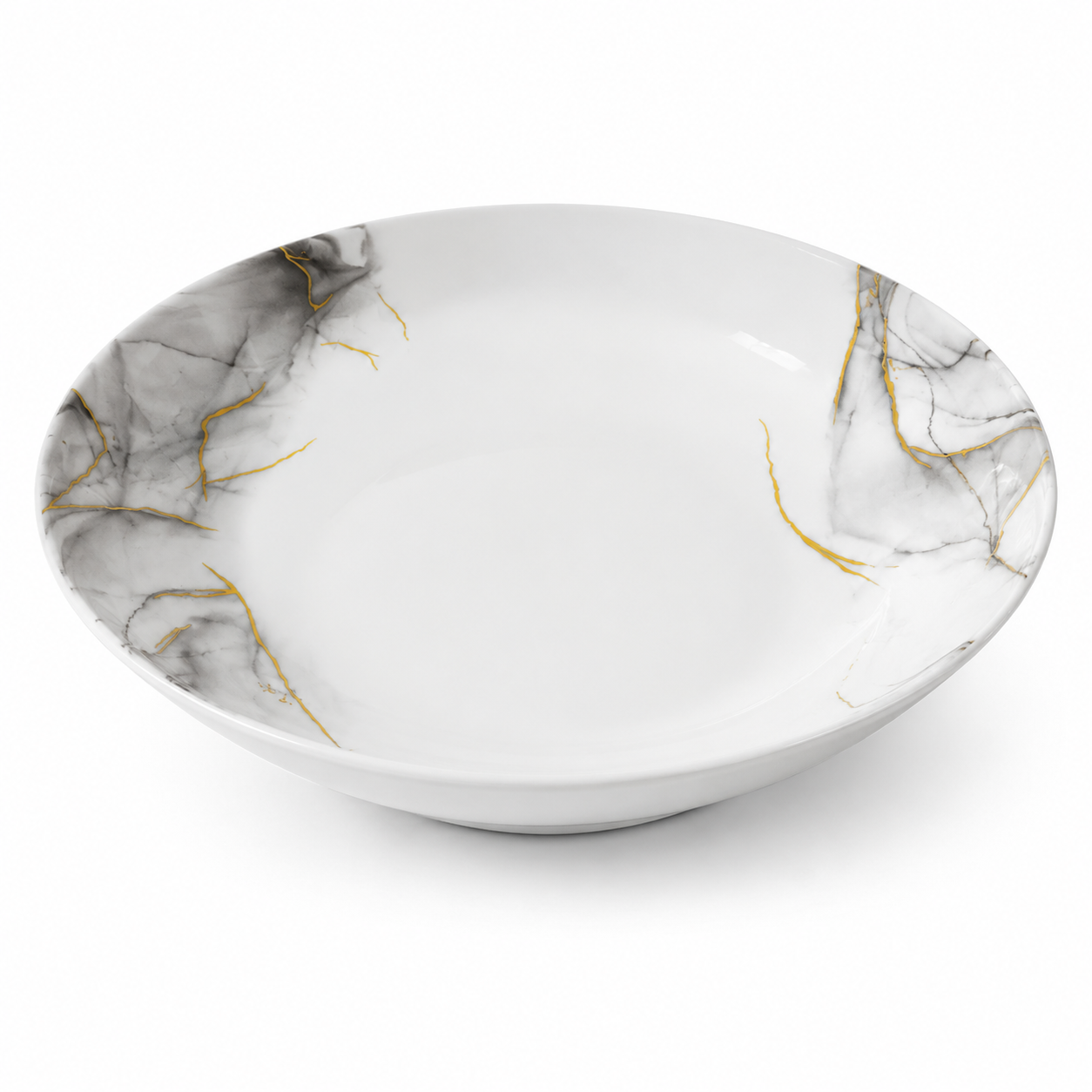 Set veselă opal 32 piese marmură alb-gri cu accente aurii, 6 persoane, farfurii întinse, adânci, desert, cești cafea, salatieră și platou