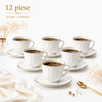Set 6 cești cafea cu farfurii din opal alb și margine aurie, 12 piese, set elegant pentru espresso și cappuccino