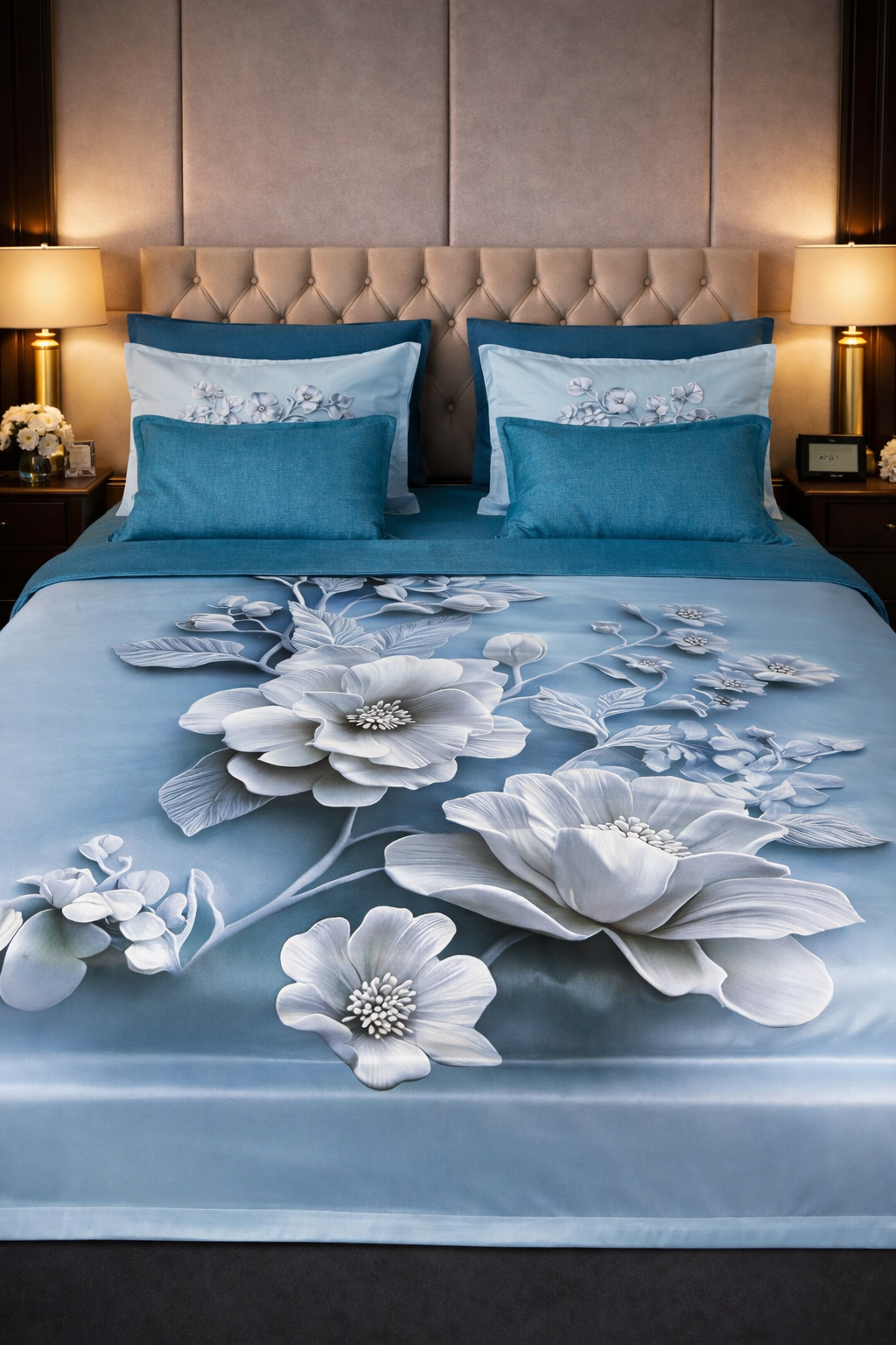 Lenjerie de pat bumbac finet, model Camellia, 6 piese, set complet, material moale, confort premium