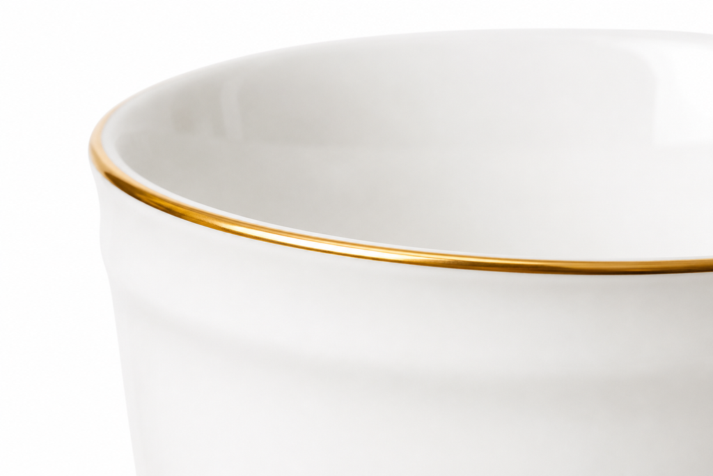Set 6 căni din opal alb cu margine aurie, design elegant, căni cafea și ceai, rezistente și moderne