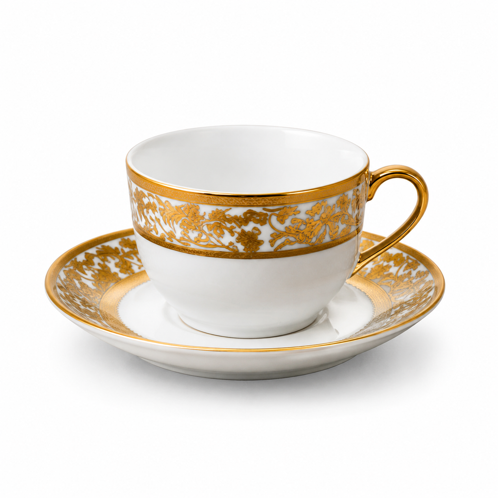 Set cesti cafea ceramica cu farfurioare, 12 piese, alb cu auriu, pentru 6 persoane, model elegant, ideal cadou